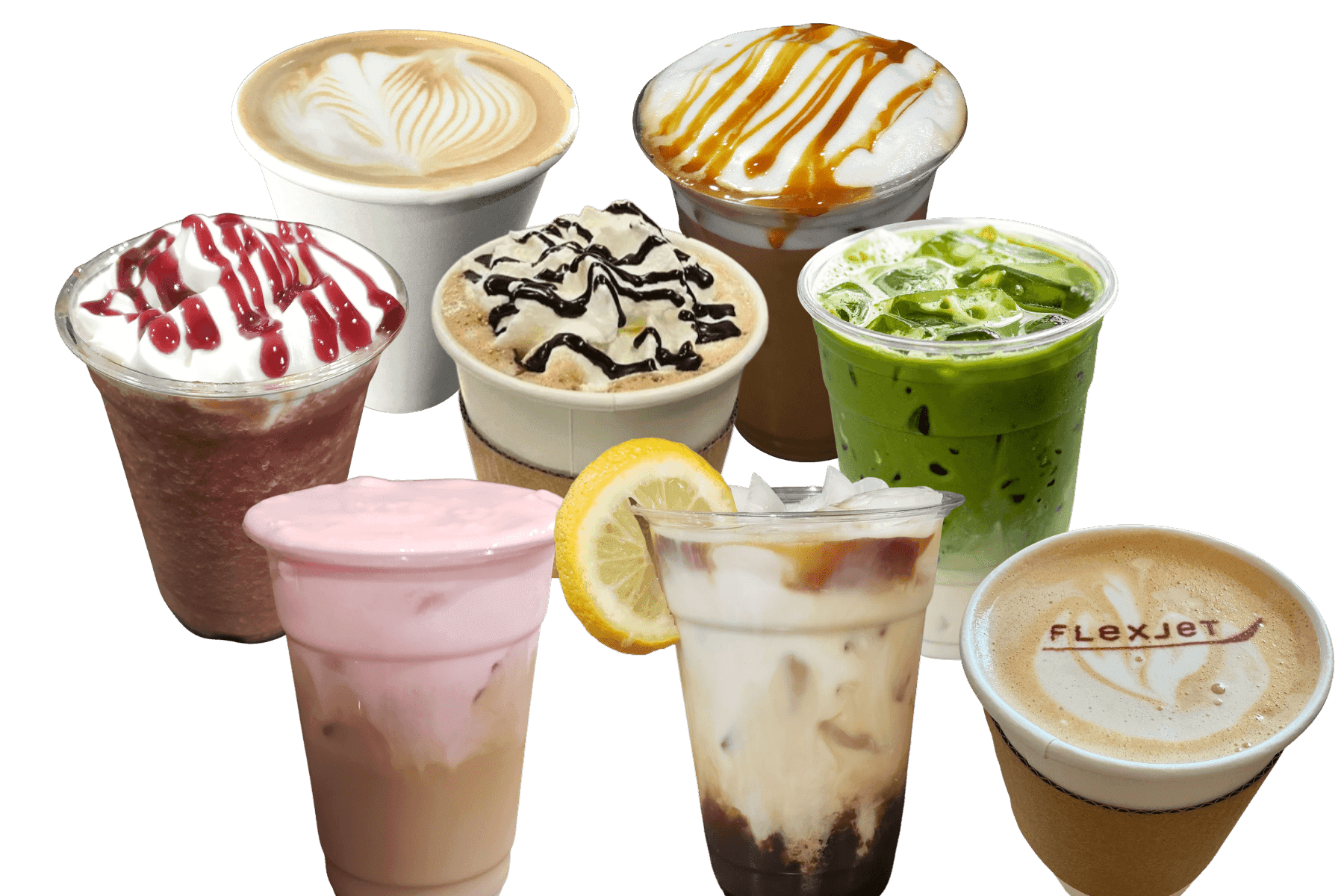Eight drinks from the Cleveland Espresso menu - hot latte art, caramel iced latte, raspberry smoothie, mocha with whipped cream, iced matcha, strawberry refresher, lemon cold brew, and a latte with a client logo printed in the foam