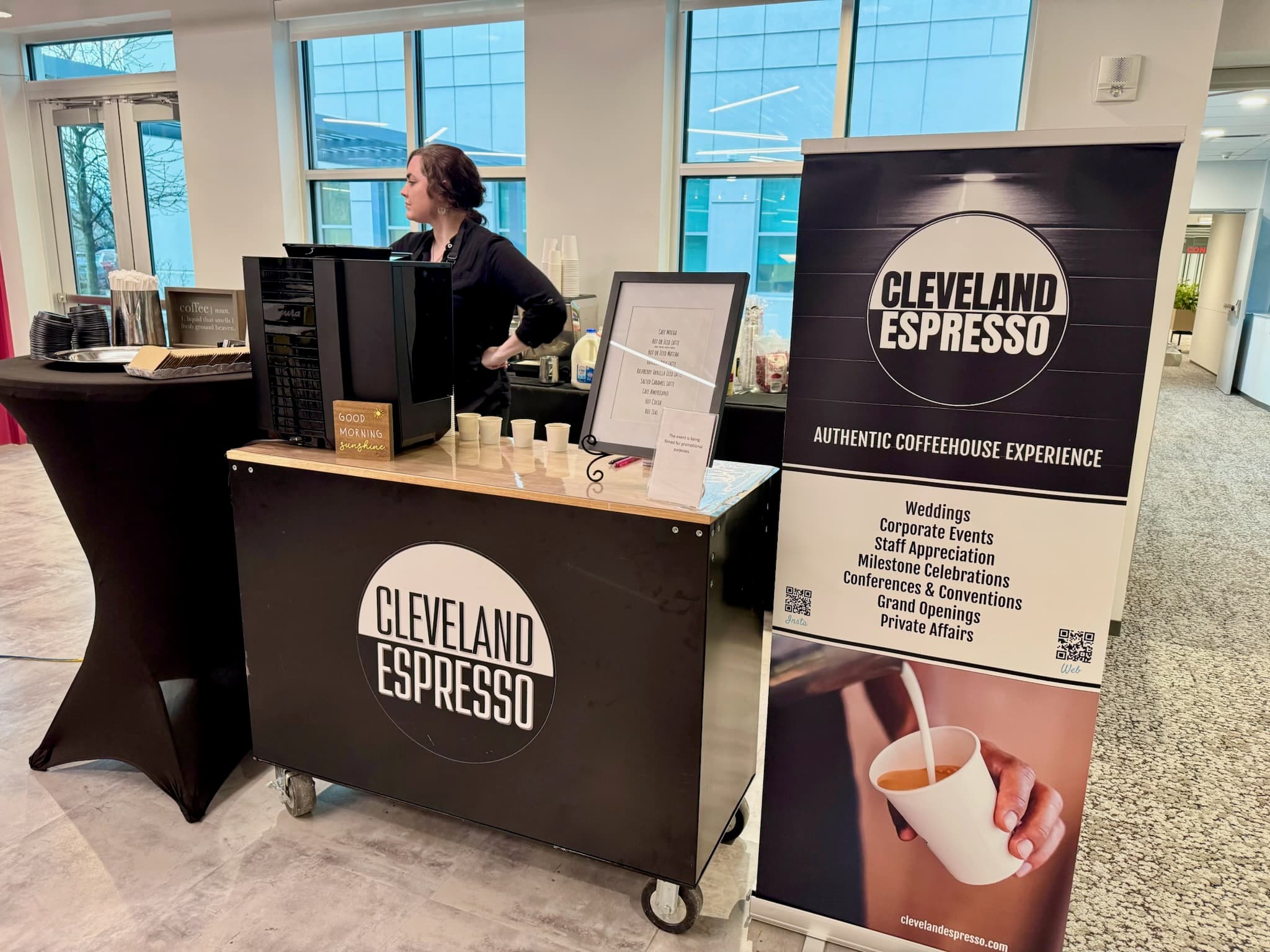 Mobile coffee cart set up in a downtown office for a Mentor event