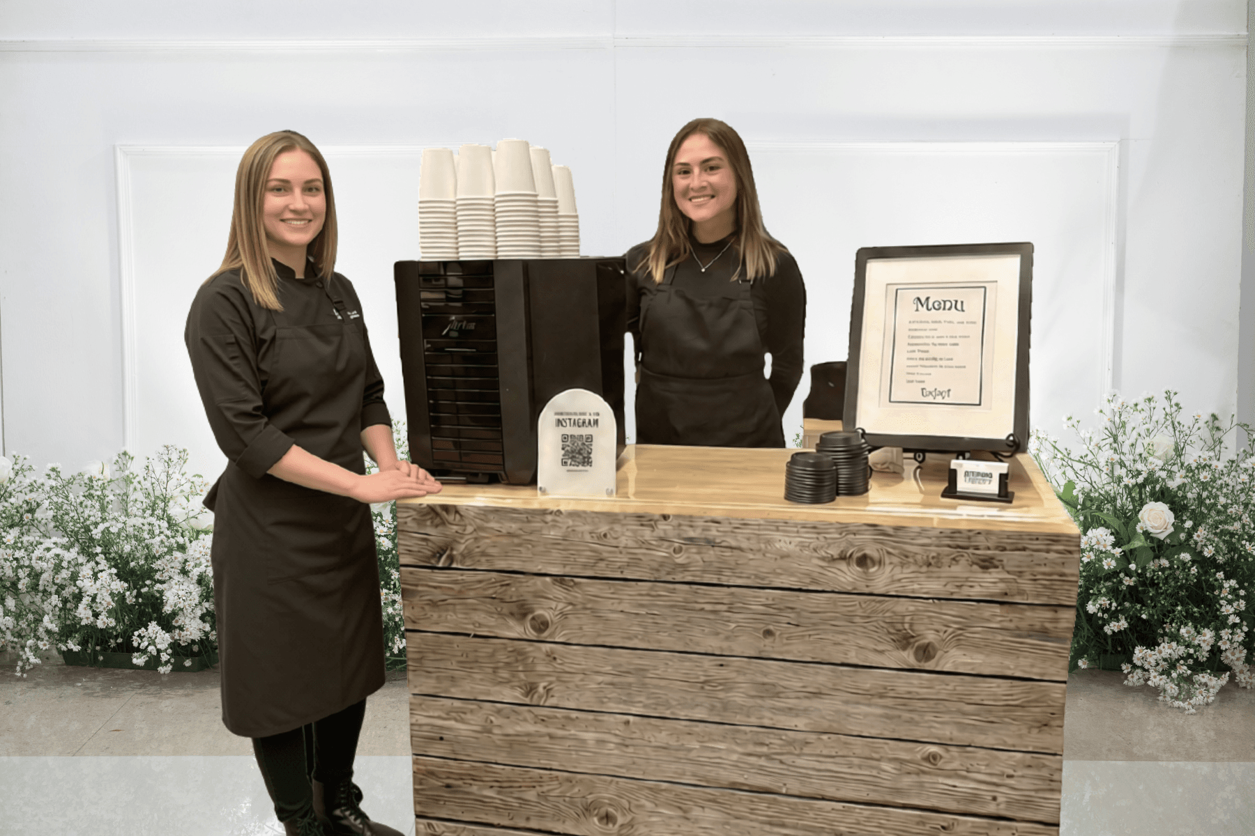 Mobile coffee cart with baristas serving a Beachwood event