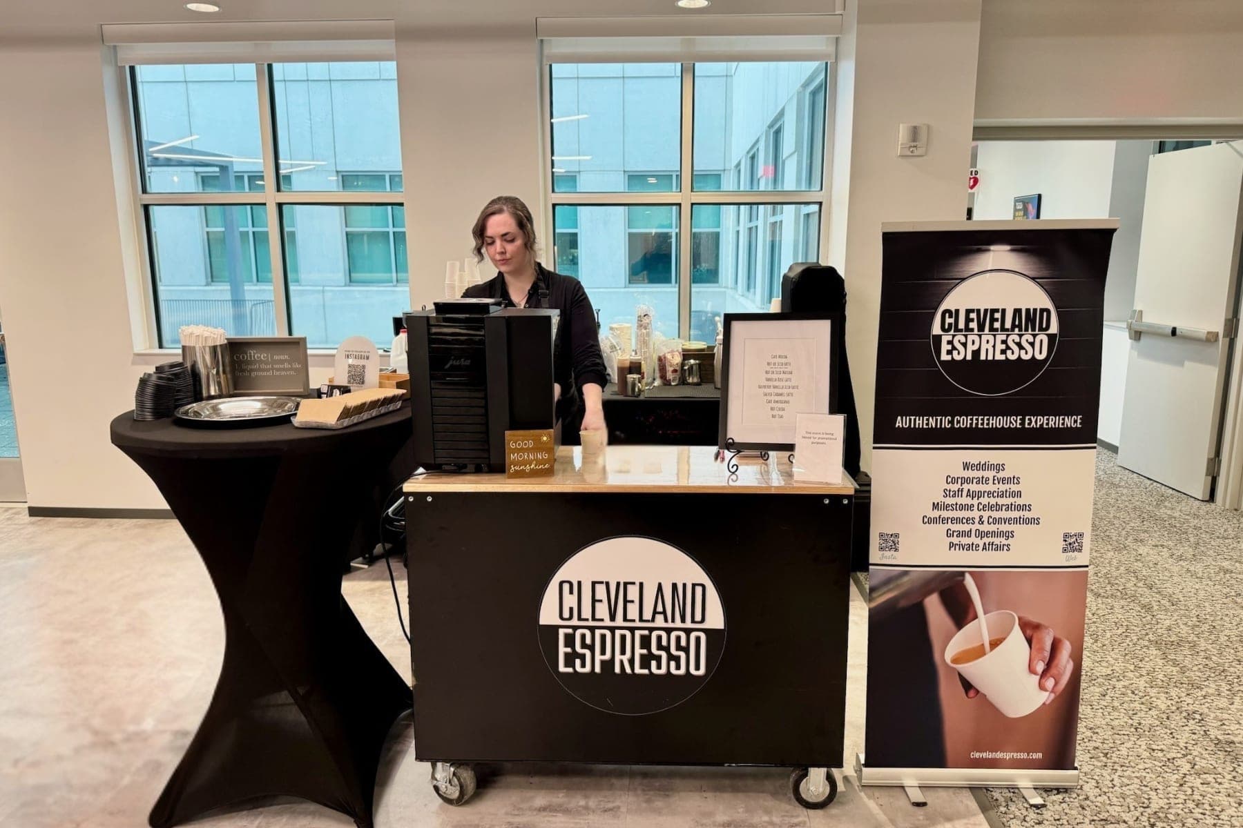 Barista preparing the mobile coffee cart before a Hudson event
