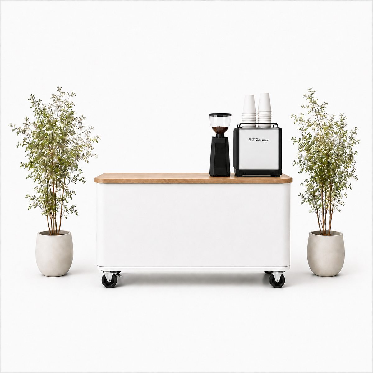 White mobile coffee cart with espresso machine for Cleveland weddings and events