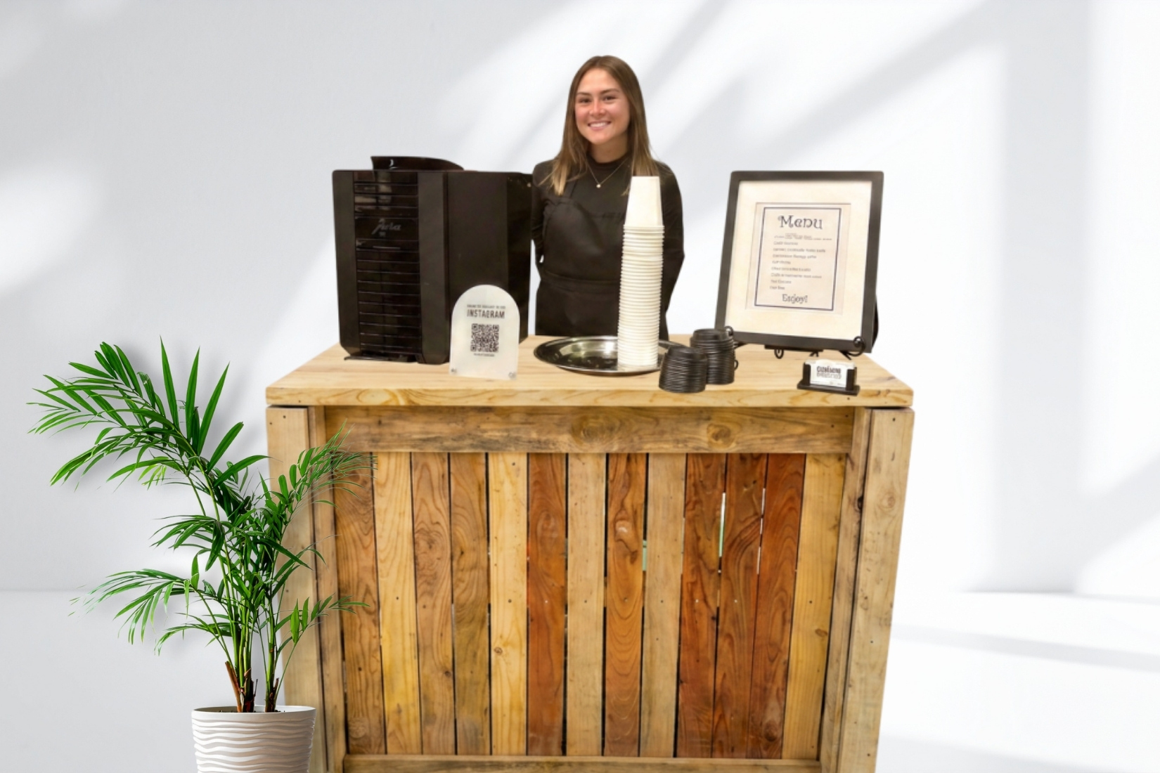 Rustic wooden coffee cart for any event where the theme will fit