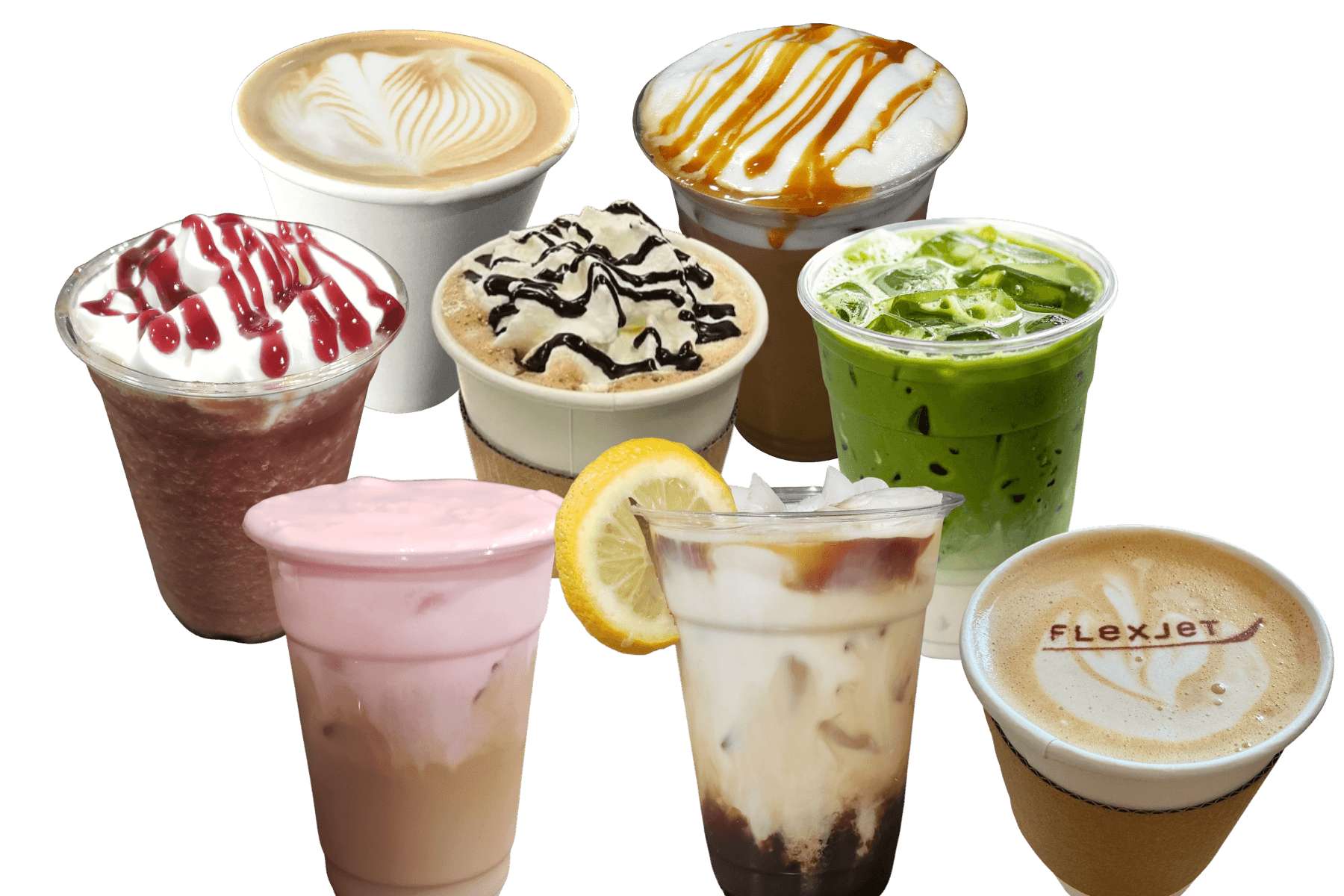 Eight drinks from the Cleveland Espresso menu - hot latte art, caramel iced latte, raspberry smoothie, mocha with whipped cream, iced matcha, strawberry refresher, lemon cold brew, and a latte with a client logo printed in the foam