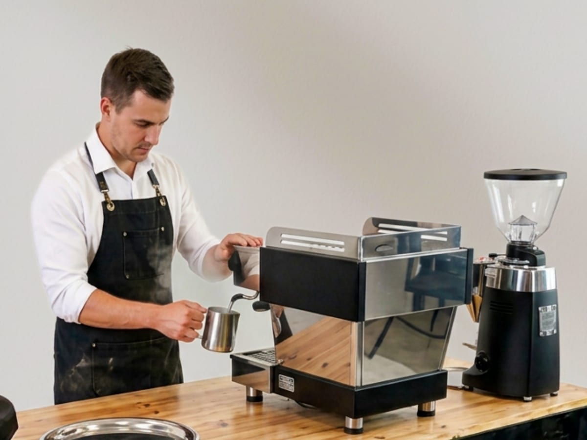 Barista in a black apron steaming milk at a catering event