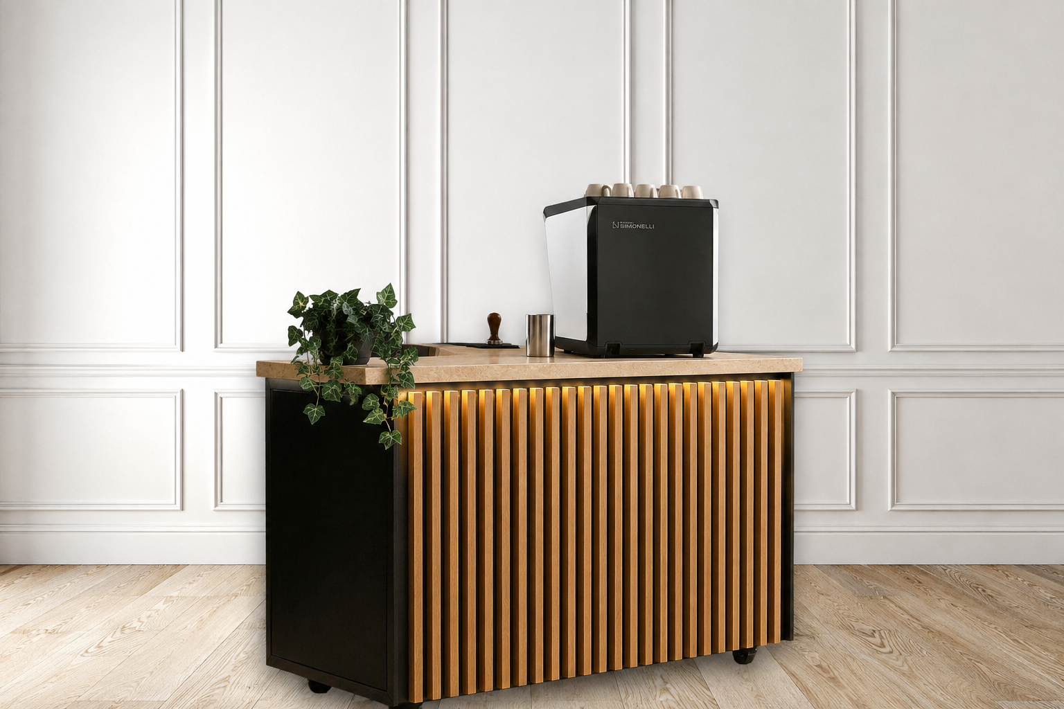 Coming Fall 2026. Lighted mobile coffee bar with barista for evening events in Cleveland