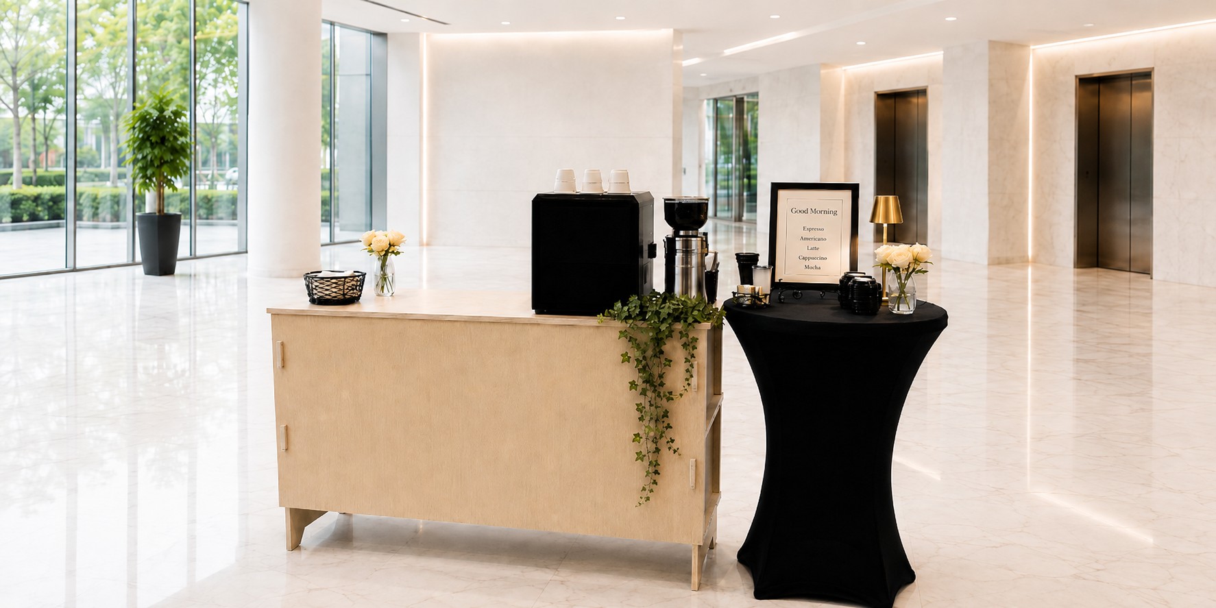 Cleveland Espresso mobile coffee cart set up in a corporate office lobby in Cleveland