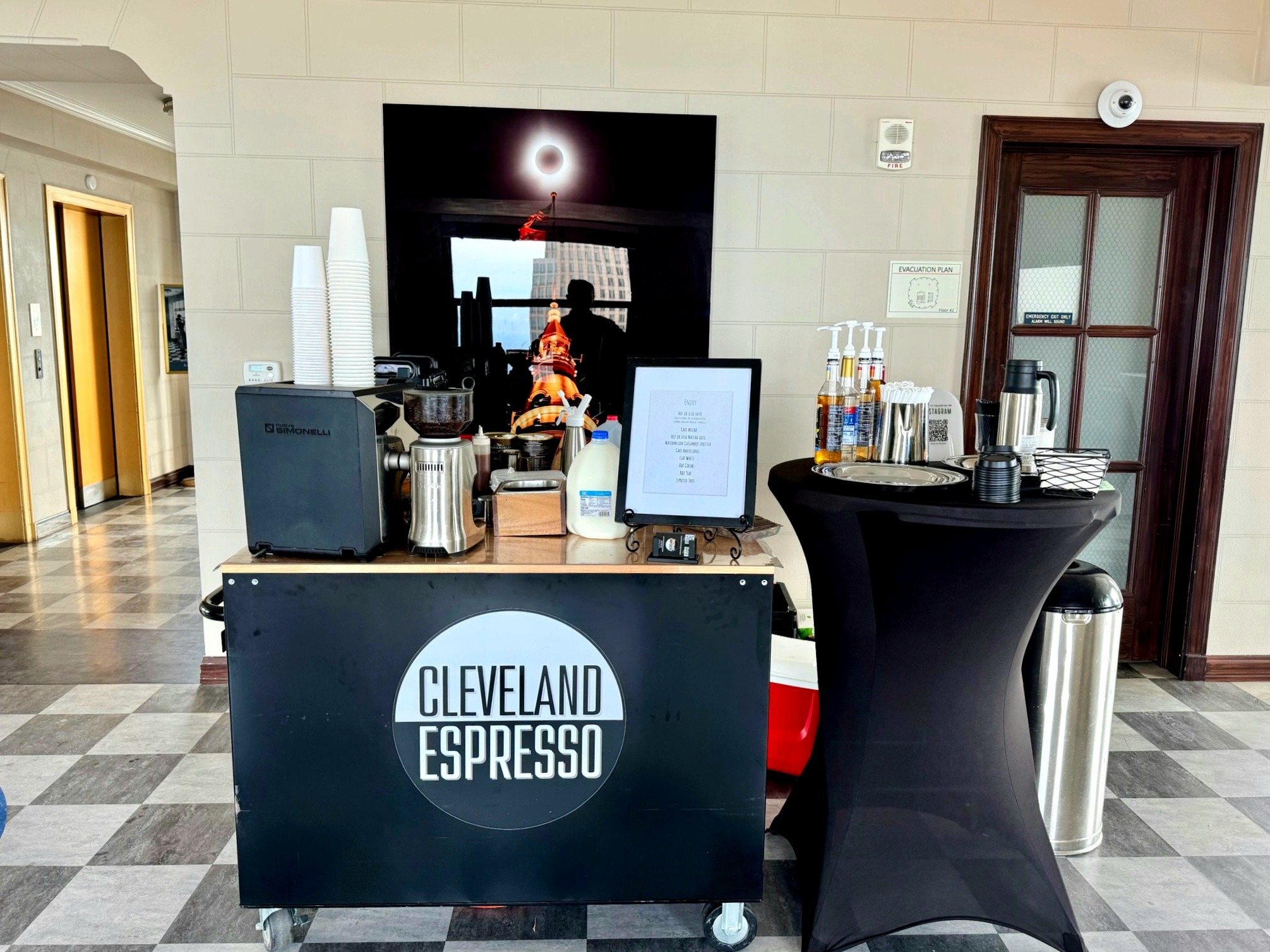 Mobile coffee cart at a downtown Cleveland event near Terminal Tower