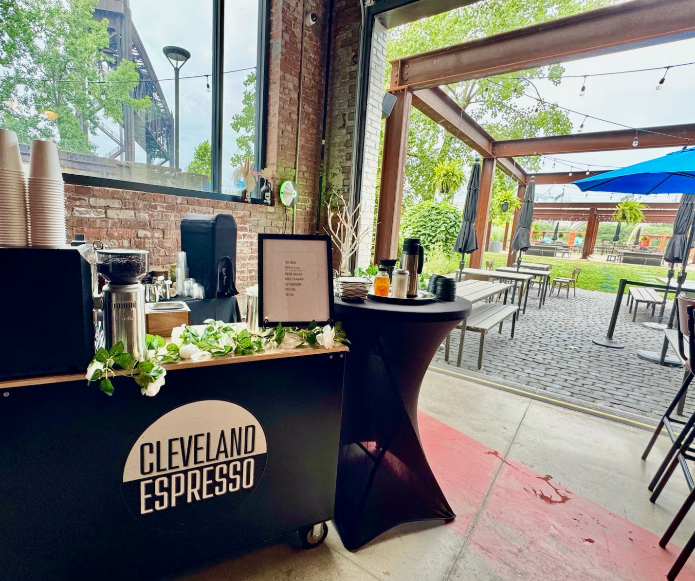 Mobile coffee cart set up for a wedding brunch